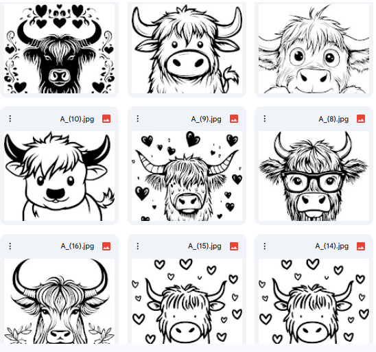 ثور هايلاند – رسومات وتصاميم Vector للأطفال – 20 رسمة وتصميم