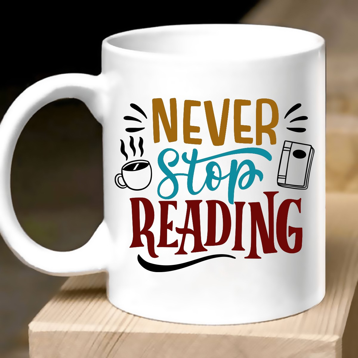 تصميم مبتكر بألوان مفعمة بالحيوية وجمل مشجعة (Never stop reading)