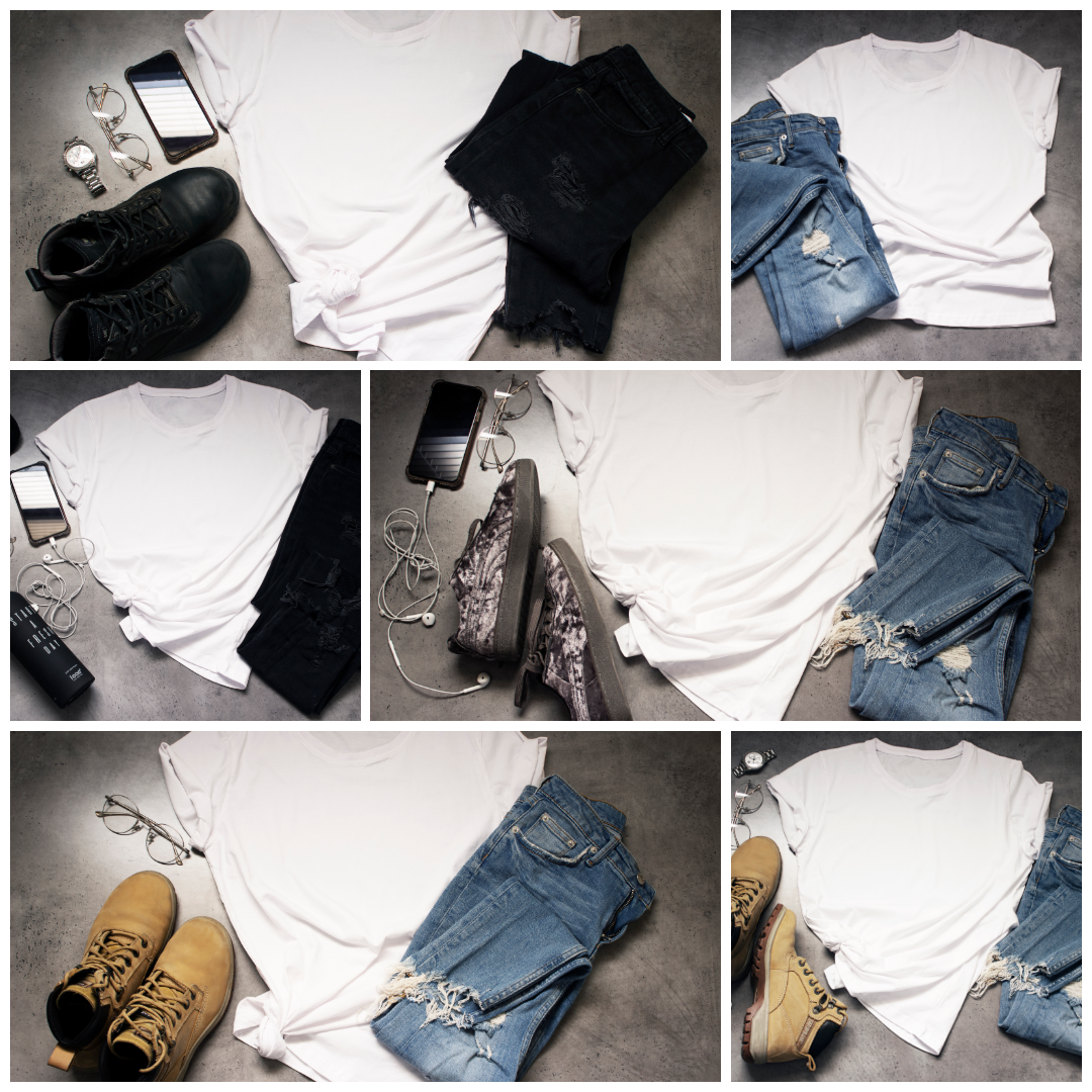 Mockup تيشيرت رجالي أبيض - 6 لقطات احترافية Flat Lay بستايلات متنوعة