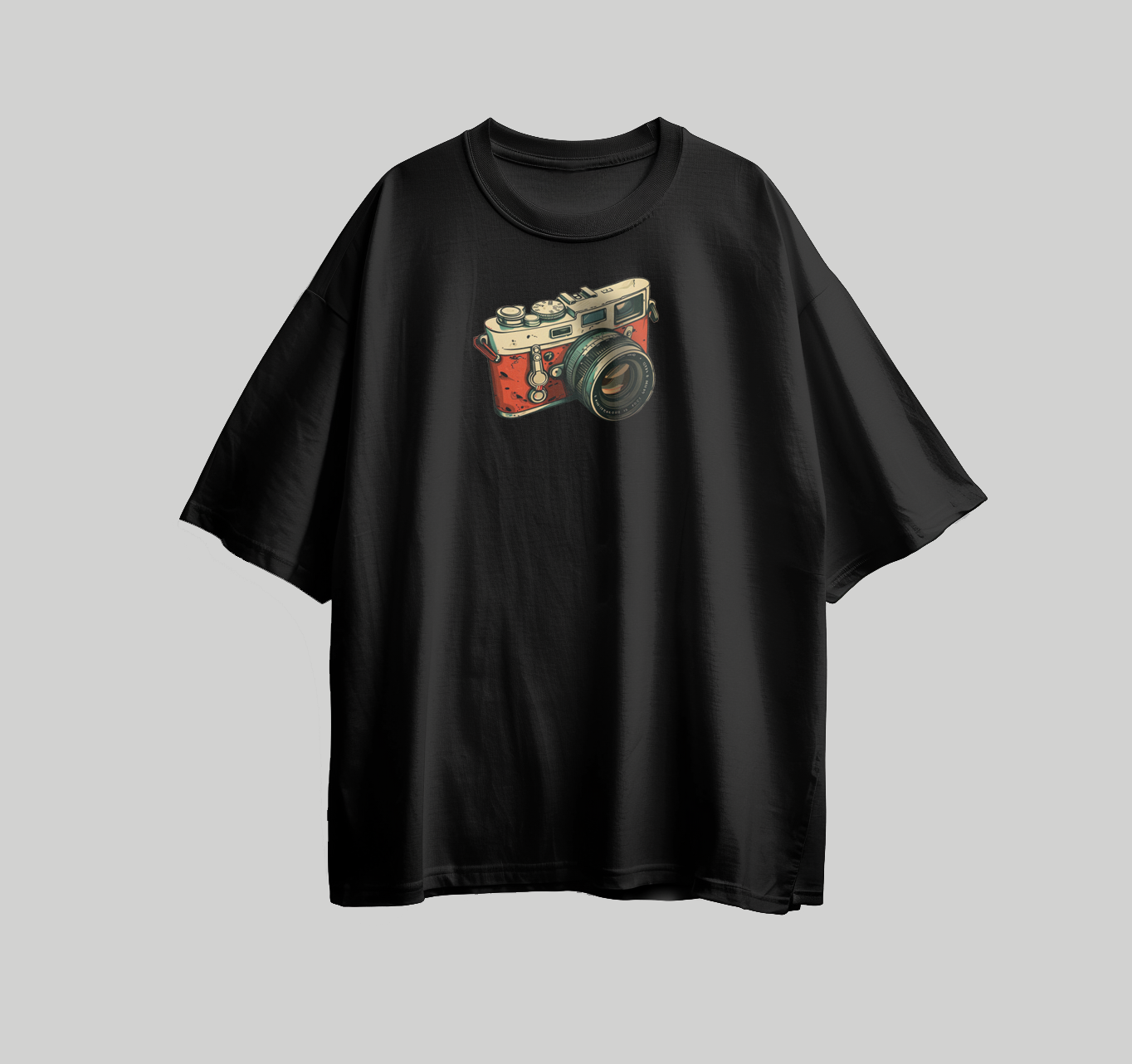 تصميم للطباعة على تيشرت شكل كاميرا للتصوير باللون الاحمر