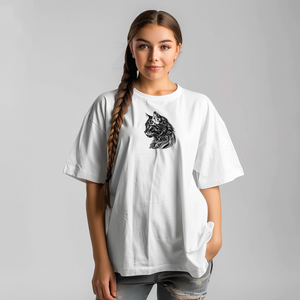 تصميم للطباعة على تيشرت شكل قطه خلابه باللون الاسود