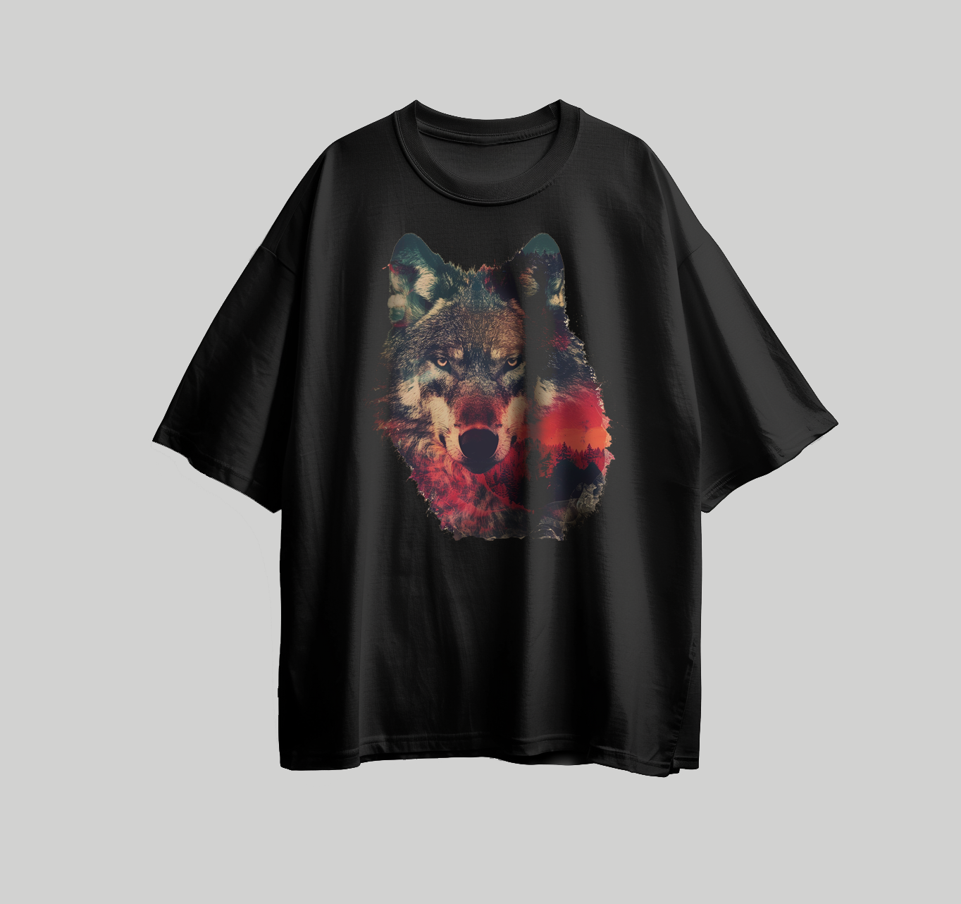 تصميم للطباعة على تيشرت شكل وجهه ذئب بالوان متداخله