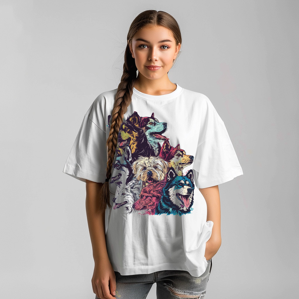 تصميم للطباعة على  شكل العديد من الكلاب ذات الوان زاهيه