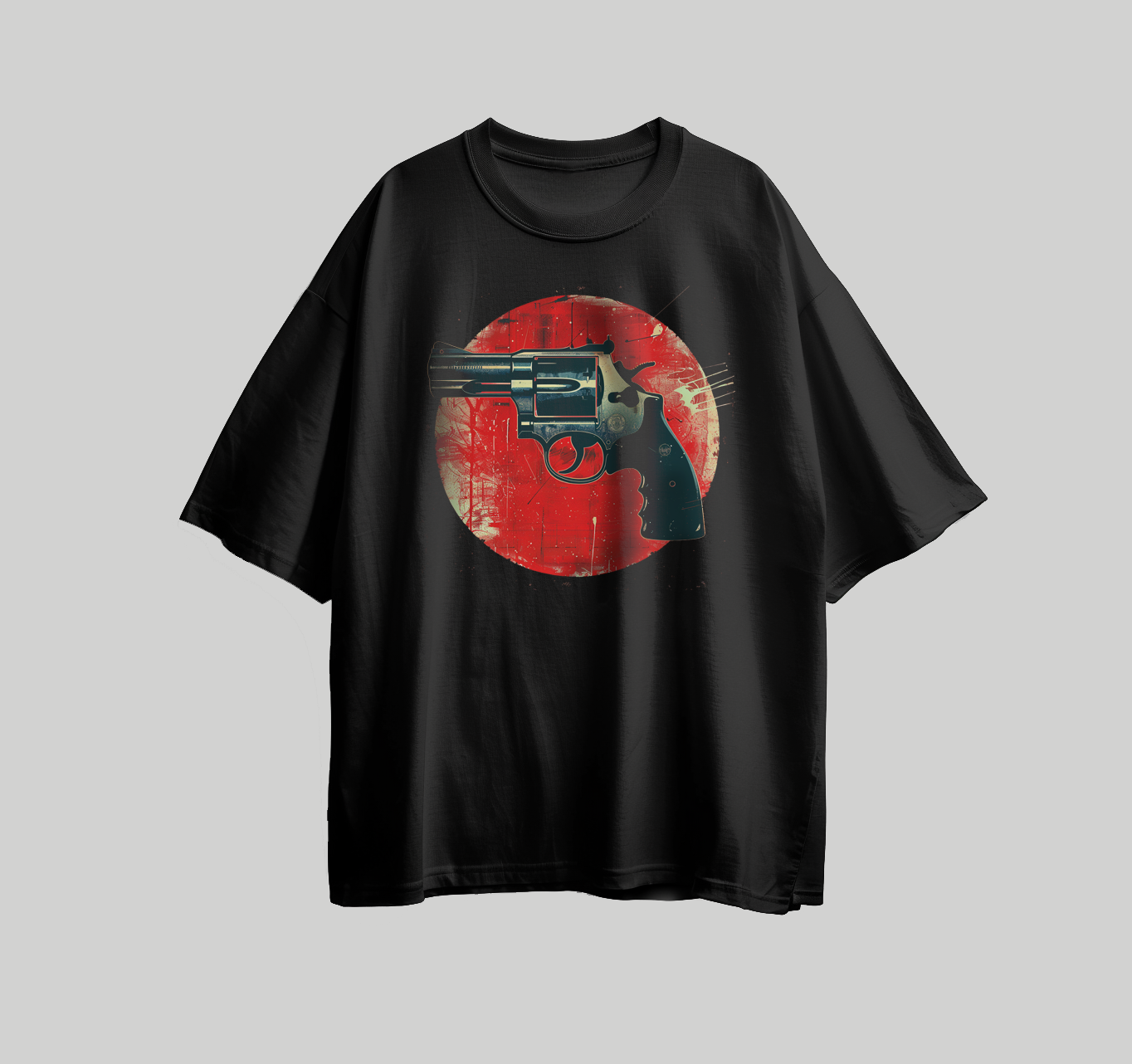 تصميم للطباعة على تيشرت شكل مسدس بخلفيه حمراء